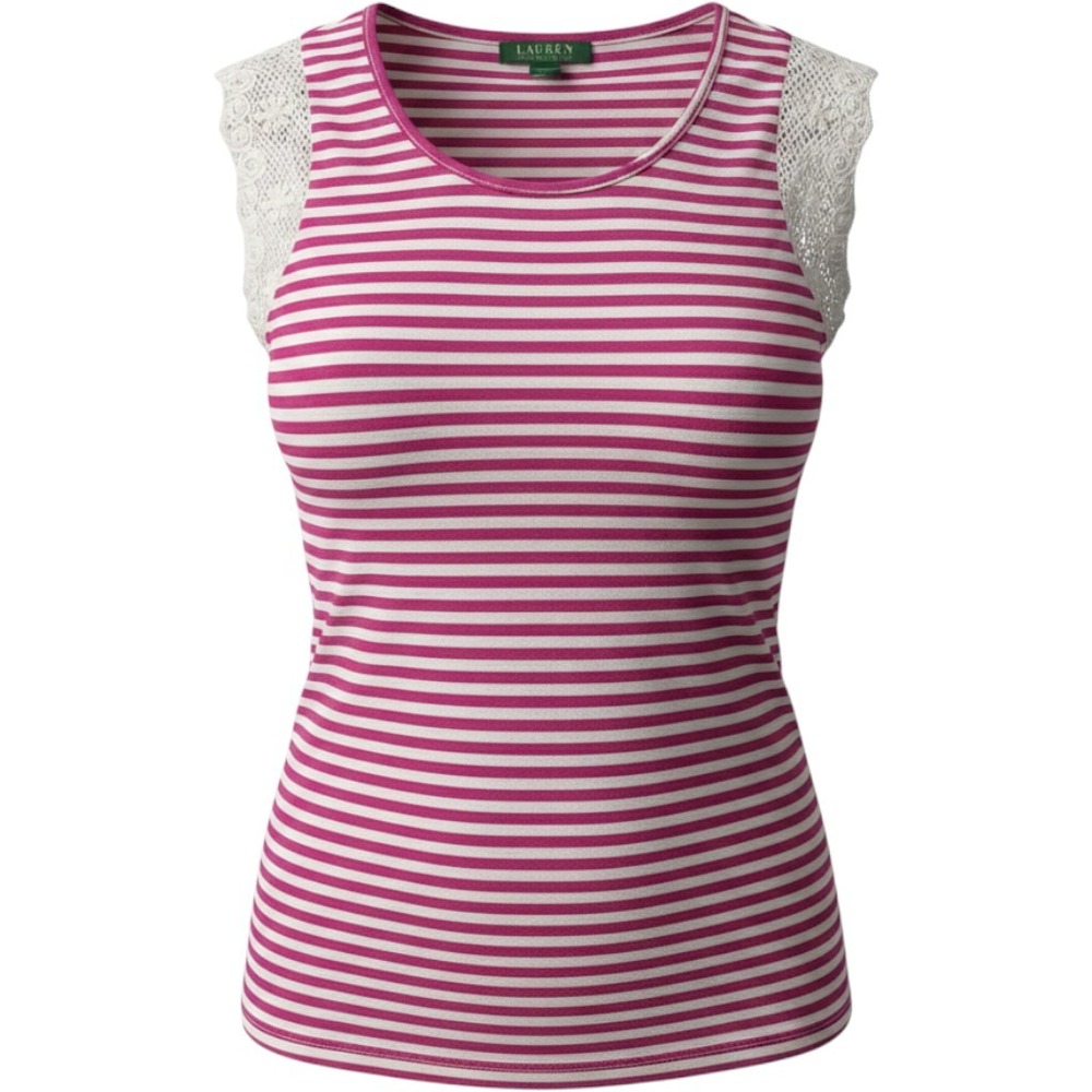 Lauren Ralph Lauren Pink White Striped Crochet Lace Shoulder Sleeveless Top L